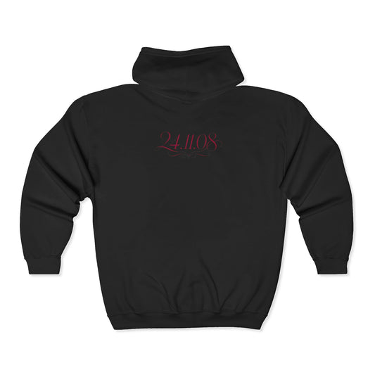 Full-Zip Hoodie with Syrian logo & '24.11.8' Back Script — Zip-Up Sweatshirt