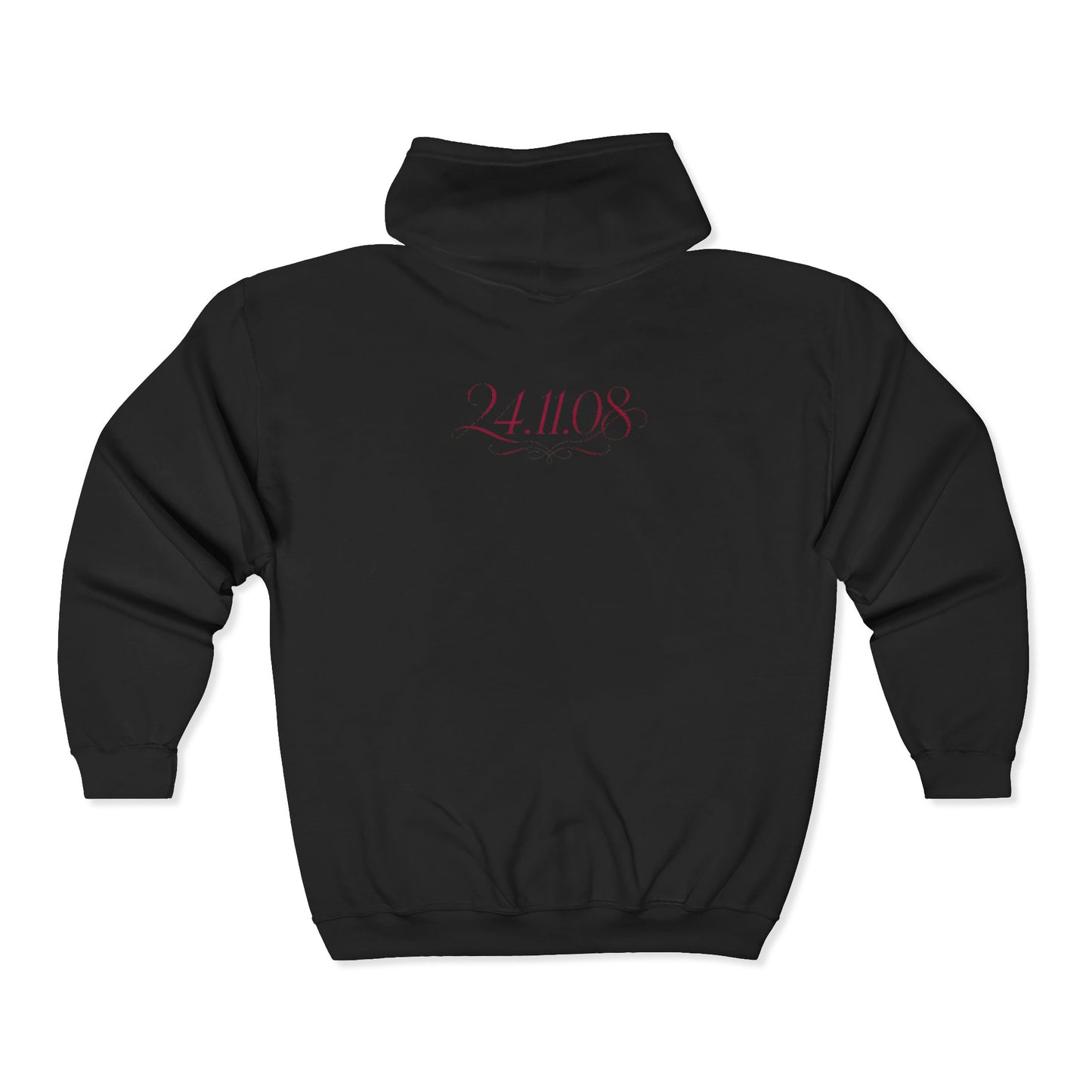 Full-Zip Hoodie with Syrian logo & '24.11.8' Back Script — Zip-Up Sweatshirt