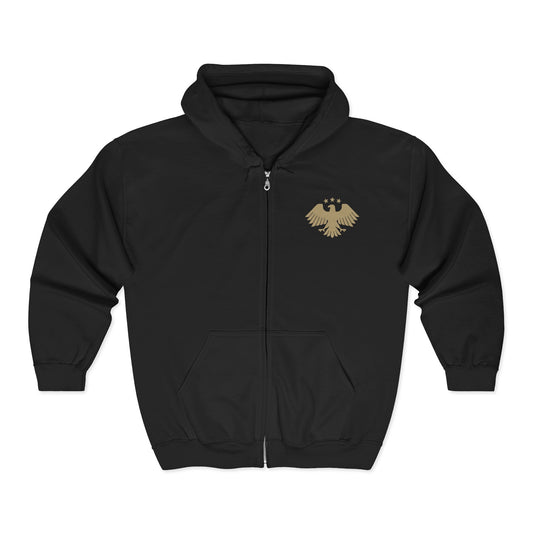 Full-Zip Hoodie with Syrian logo & '24.11.8' Back Script — Zip-Up Sweatshirt